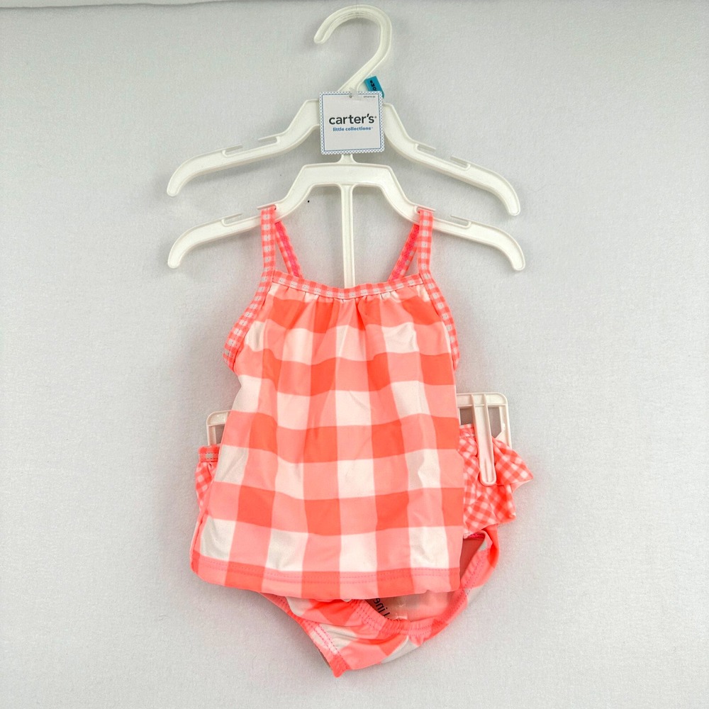 Carter's 2 Piece‎ Swimsuit Set Girls 6M Neon Pink White Gingham Ruffle Beach NWT